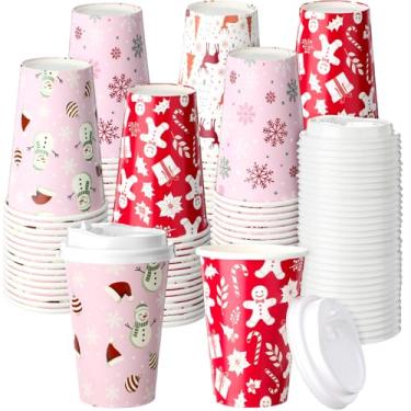 Imagem de Jingmore Pacote com 60 xícaras de café descartáveis de Natal de 340 g com tampas, xícaras de café espessas rosa de Natal para chocolate quente bebidas de chá, bebidas de inverno, Natal, festas de fim