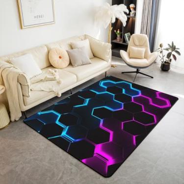 Imagem de Tapete de área de grade abstrata 3D 9,5 cm x 1,5 m moderno preto geométrico favo de mel decorativo antiderrapante para adolescentes adultos azul roxo neon luz hexagonal, tapete interno para sofá de