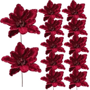 Imagem de Garvee 12 peças de poinsétias artificiais grandes de 30,5 cm, flores de magnólia de Natal falsas com glitter, grandes palhetas florais para guirlanda de árvore de Natal, vermelho