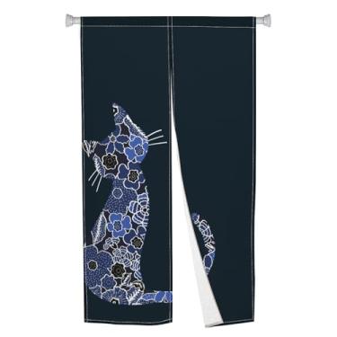 Imagem de Leowefowa Cortina de porta longa estilo japonês padrão de gato tapeçaria de porta chinesa boho impressão de flores japonesas cortinas de porta de cozinha para quarto divisória de privacidade decoração