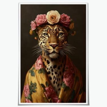 Imagem de Cheetah in Floral Robe Wall Art Trendy Funny Maximalist Leopard with Wreath Canvas Print Pictures Modern Room Estético Animal Poster Eclético Feminino Quarto Home Office Decor 20 x 30 cm Sem Moldura