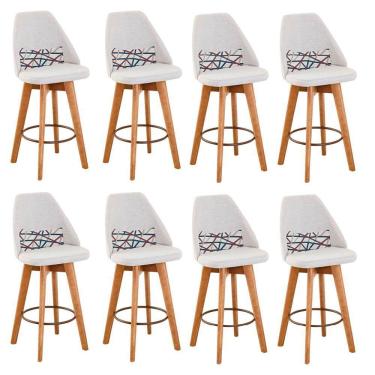 Imagem de Kit 08 Banquetas Alta Maya Giratória Com Encosto Gourmet Linho Bege e Almofada Linhas Coloridas - Aurora Line