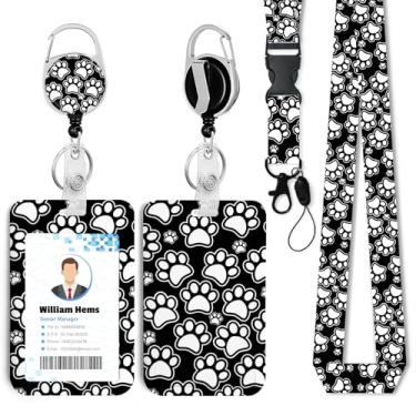 Imagem de Porta-crachá de identificação de patas de cachorro preto e branco com cordão breakaway e carretel retrátil resistente - chaveiro mosquetão giratório de 360° para mulheres, estudantes, professores