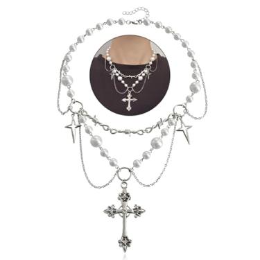 Imagem de Colar de pérolas com cruz feminina Y2k em camadas góticas de prata e cruz gótica, corrente de elos finos, gargantilha com contas de pérola, Moderate type, Metal, Sem Pedra Preciosa