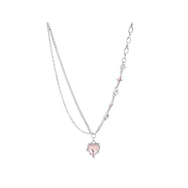Imagem de Tangseajiao 1 colar de prata Y2K coração rosa diamante, colar estético punk coração pingente colar assimétrico estrela pescoço corrente