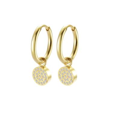 Imagem de Edforce Stainless Steel Brincos femininos de argola com pingente pequeno e fofo, Aço inoxidável, Zircônia cúbica