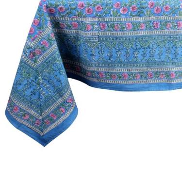 Imagem de THE Unltd India Toalha de mesa quadrada azul claro 159 x 139 cm, 100% algodão, estampa floral, lavável, dia de Ação de Graças, festas de Natal, uso de casamento, toalha de mesa de jantar de fazenda
