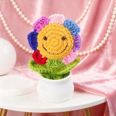 Imagem de Presentes positivos de crochê de girassol, mini decoração de malha para casa, escritório, presentes, decoração de mesa ecológica, girassol sorridente (sete flores coloridas)