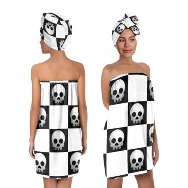 Imagem de EENSYWEENSY Conjunto de envoltório de banho com padrão de caveira com turbante de cabelo, 80 x 150 cm, design xadrez preto e branco, serve para peito de 99 a 150 cm