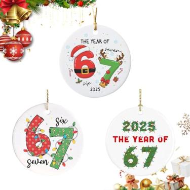 Imagem de 3 peças de enfeite de Natal Papai Noel Says Six Seven, Enfeites de Natal engraçados 6 7 meme, 67 enfeites temáticos para pendurar árvore de Natal (B)