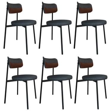 Imagem de Cadeira De Jantar Estofada Kit 6 Nyka M25 Linho Grafite/marrom - Mpozenato