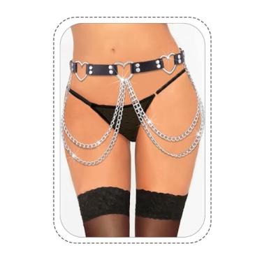 Imagem de Cosydays Cinto de corrente de couro punk preto Arnês corrente corporal coração correntes de barriga roupas de festa rave joias de corrente corporal para mulheres e meninas