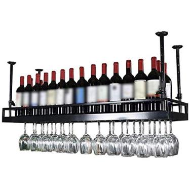 Imagem de GKPSSURV Rack de exibição de vinho moderno rack de vinho suspenso com suporte de vidro e prateleira, rack de vidro de vinho de metal montado na parede decoração de teto prateleira bar restaurantes