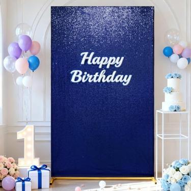 Imagem de Eternal Beauty Capa quadrada de arco de casamento, 1,6 x 1,5 m de lantejoulas, azul marinho, capa com suporte de arco de balão, capa elástica para festa, aniversário, Natal, chá de bebê, banquete