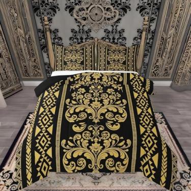 Imagem de ArtfulHome Jogo de cama King Damasco em ouro preto com decoração antiga, geométrico, asteca, barroco, vintage, floral, gótico, com enchimento, étnico, tribal, flecha, boêmio