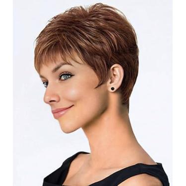 Imagem de SEVENCOLORS Perucas curtas Auburn Pixie Cut para mulheres brancas sintéticas mistas castanhas com franja perucas de cabelo curto em camadas naturais para mulheres
