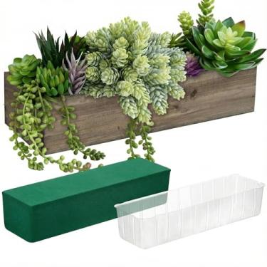 Imagem de Dandat 1 conjunto de caixas de madeira retangulares de madeira para centros de mesa, vasos de madeira rústica de 30 x 10 cm com forro de plástico removível, blocos florais de espuma para mesa de