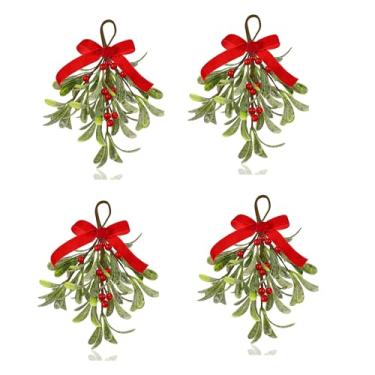 Imagem de Decoração de Natal de visco, palitos artificiais de visco para pendurar com bagas de laço de veludo, enfeites de bola de beijo de Natal para decoração de árvore de porta de cozinha (vermelho)