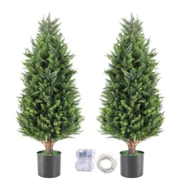 Imagem de Conjunto de 2 árvores de topiaria de cedro artificial 3F, resistentes a UV, arbustos de pinheiro perene, plantas ao ar livre, arbustos de cipreste falsos realistas para varanda interna, jardim