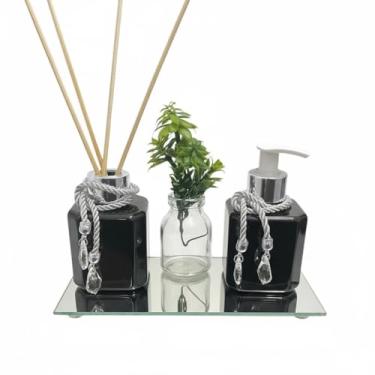 Imagem de Kit Banheiro Plástico 200ml com Difusor Aromatizador e Saboneteira + Bandeja Espelhada e Vaso Decorativo(Preto c/Prata)