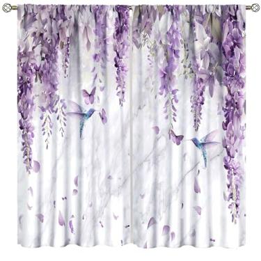 Imagem de Cortinas florais beija-flor, estampa de lavanda roxa de primavera, cortinas estéticas modernas para quarto, sala de estar, cozinha, janela, tratamento com 2 painéis, conjunto de 2 painéis, tamanho