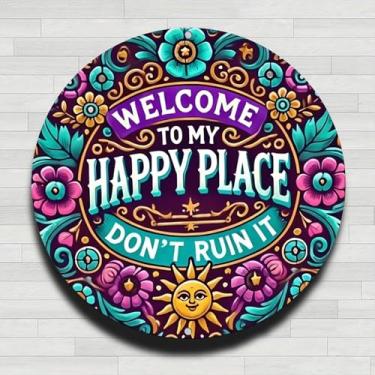 Imagem de Placa solar Welcome Happy Place floral vintage rústica de alumínio metálico redondo, 20 cm, presentes internos e externos e decoração para casa, escritório, café e fazenda