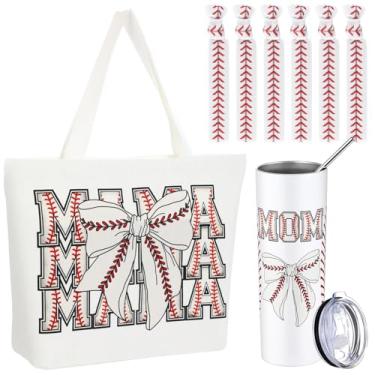 Imagem de Sieral 8 peças de presentes de beisebol para mãe incluídos, sacola de lona, 590 g, copo de viagem isolado com canudo e tampa, laços de cabelo para mulheres amantes de esportes, academia, uso diário