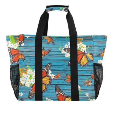 Imagem de ODAWA Sacola grande azul com flores borboletas, bolsa de praia reutilizável para natação e academia, Borboletas e flores azuis, One Size