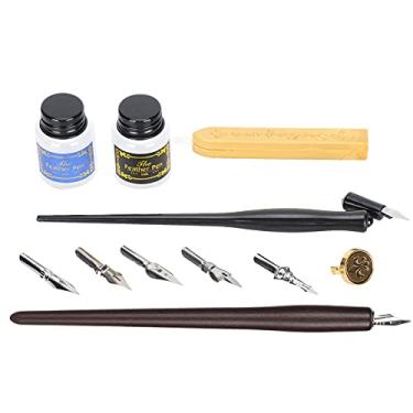 Imagem de KIMISS Conjunto de Canetas de Caligrafia Com Cabo de Madeira Com 5 Pontas e Selo de Cera para Iniciantes - Conjunto de Ferramentas para Escrita e Pintura de Tinta (Poste de madeira grosso marrom + poste)