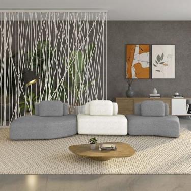 Imagem de Sofá Ilha Sala de Estar Dakota 3 Módulos 484cm Encostos Almofadas Soltas Bouclê Rústico Cinza/OffWhite G33 - Gran Belo