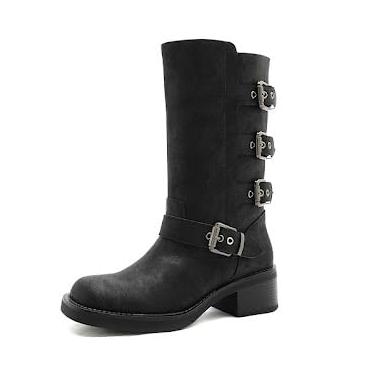 Imagem de GLOBALWIN Botas femininas de salto baixo estilo militar para motociclista de cano médio e grossas, Preto, 36