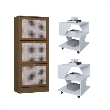 Imagem de Kit Sapateira Spin Tropical 3 Portas E 2 Mesas De Cabeceira Branco-carvalho