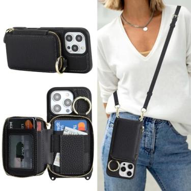 Imagem de Cavor Capa carteira de couro genuíno para iPhone 16 Pro com porta-cartão para mulheres e homens, capa para iPhone 16 Pro com alça, cordão transversal e capa de telefone com zíper para pulso - preta