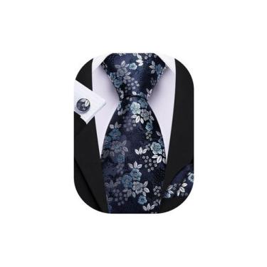 Imagem de Conjunto de gravatas Barry.Wang Navy Light Blue Floral Silk para homen