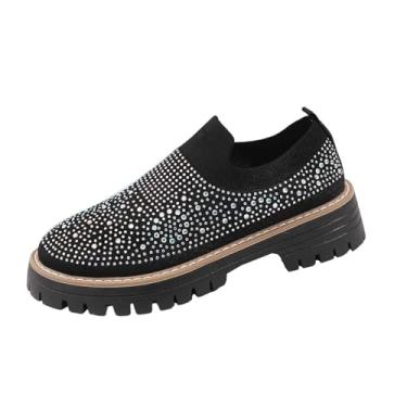 Imagem de Sapatos femininos de salto médio, bico redondo, respirável com strass, casual, malha confortável, Preto, 38