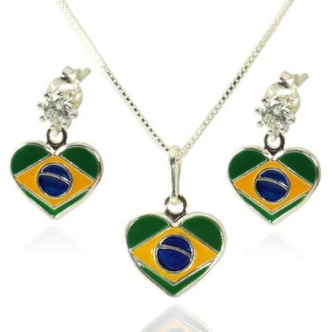 Imagem de Conj. Colar Brinco Zirconia Bandeira Brasil Coração Prata925 - Lojas L