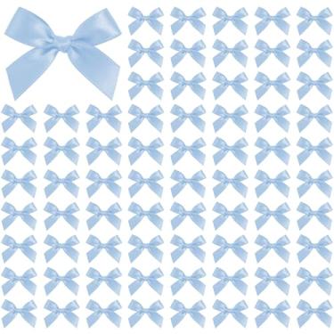 Imagem de 100 peças de mini laços - laço de cetim pequeno de 4 cm para artesanato, embrulho de presente, scrapbook de costura - decorações de caixa de presente de lembrancinhas de festa de casamento (azul)