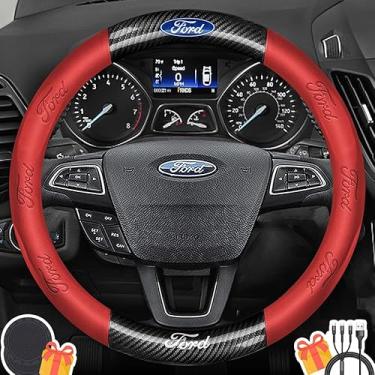 Imagem de Capa de volante compatível com Ford, couro napa premium e textura de fibra de carbono brilhante capa de volante com 2 porta-copos e cabo USB de carregamento rápido (vermelho)