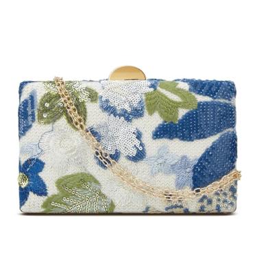 Imagem de Bolsa clutch de lantejoulas para mulheres, bordado floral de lantejoulas para noite com contas, mini bolsa transversal para festa de casamento, Azul