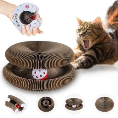 Imagem de 1 placa de arranhar gatos de órgão mágico, arranhador dobrável em forma de favo de mel sanfonado com bola, almofada interativa para arranhões Twisty Paws para gatos e gatinhos internos