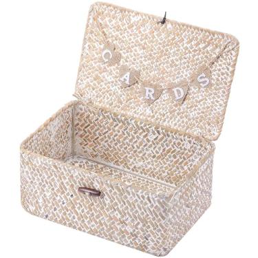 Imagem de Geelin Cesta de cartão de casamento de grama marinha com bandeira de letra caixa de correio decorativa para cartões de casamento adequada para chás de bebê, aniversários, cerimônias de formatura, chás