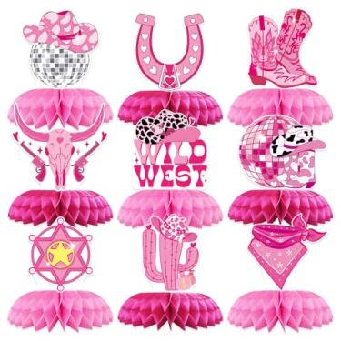 Imagem de 9 peças de centro de mesa rosa cowgirl favo de mel – chapéu de caubói, botas, ferradura, bandana e decorações de mesa do oeste selvagem para festas de aniversário de meninas, eventos de despedida de
