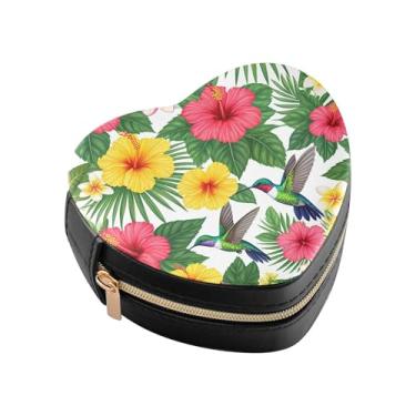 Imagem de Burbuja Caixa de joias em forma de coração com flores tropicais, mini estojo de viagem para mulheres e meninas, organizador portátil de armazenamento para brincos, anéis, colares e pulseiras