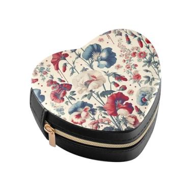 Imagem de Burbuja Caixa de joias em forma de coração de flor de ervilha doce mini estojo de joias de viagem para mulheres e meninas, estojo portátil organizador de armazenamento para brincos, anéis, colares e