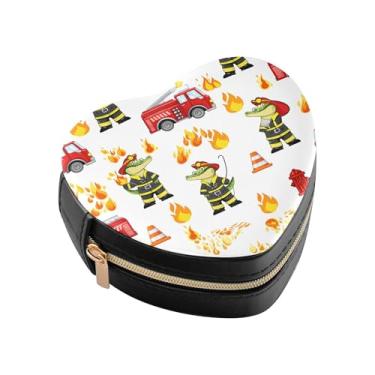 Imagem de Burbuja Caixa de joias com desenho animado de crocodilo bombeiro em forma de coração, mini estojo de viagem para mulheres e meninas, organizador portátil de armazenamento para brincos, anéis, colares