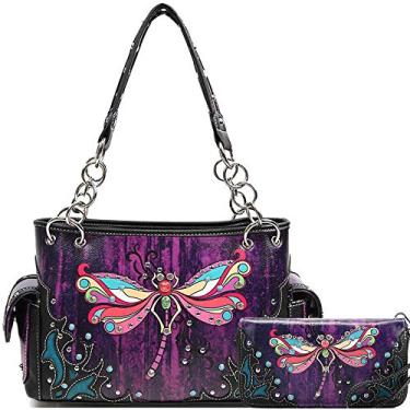 Imagem de Conjunto de carteira feminina estilo libélula colorida estilo ocidental primavera strass cravejado bolsa de couro country bolsa de ombro feminina, #2 Roxo, Large