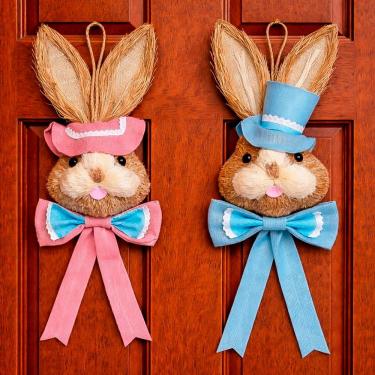 Imagem de Casal Pendente Cabeça Coelho Decoração De Páscoa Palha 85cm