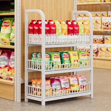 Imagem de Rack de vegetais brancos de 3 camadas - Prateleira versátil para exibição de lanches e doces para casa, supermercado, despensa e teatro. Organize produtos secos e bebidas com prateleiras de