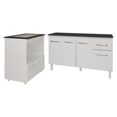 Imagem de Armário Gabinete Camila 138 Cm Com Tampo Tampão E Balcão Evelyn Para Cooktop 4 Bocas Branco E Preto
