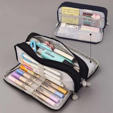 Imagem de Estojo Escolar Masculino Feminino Grande 3 Ziperes Triplo Cores:Preto 